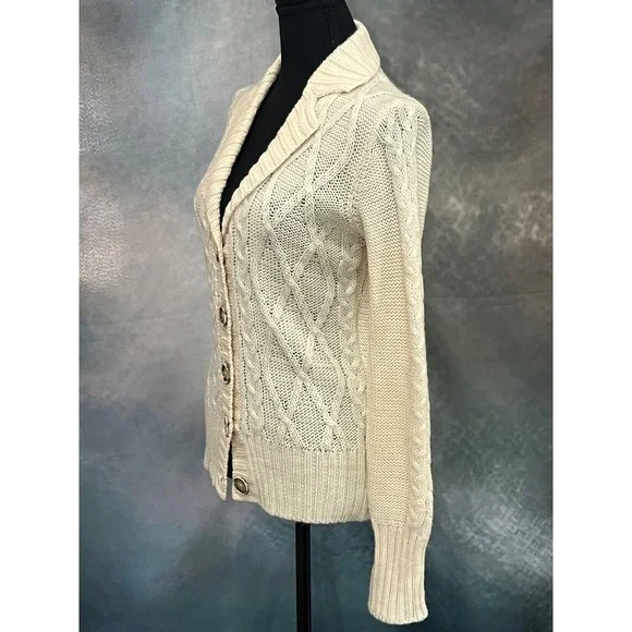 Banana Republic Womens Cream Cable Knit 100% Wool Button Shawl Collar Cardigan M - Picture 3 of 8